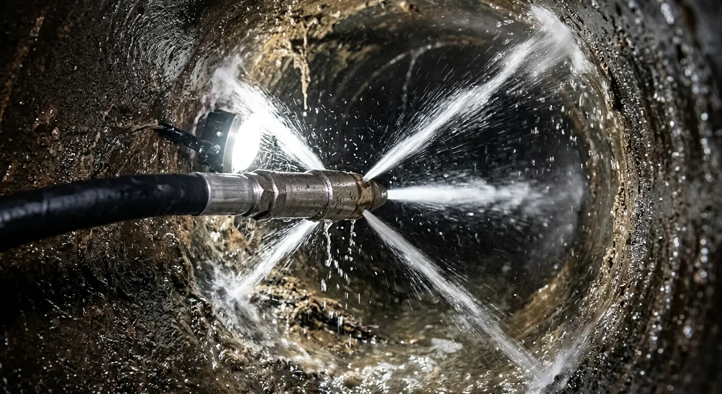 High-pressure hydro jetting nozzle cleaning sewer pipe for Sewer Cleanout in D'Iberville