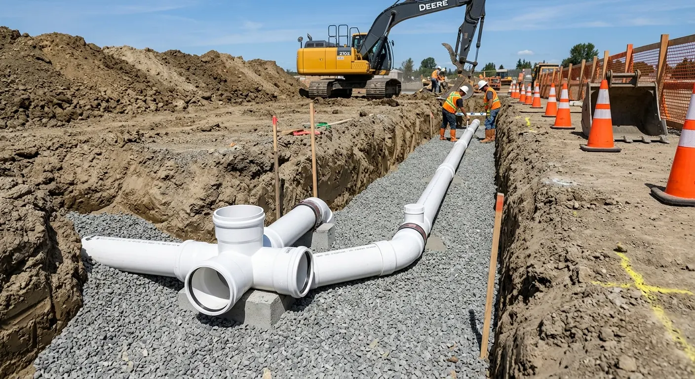 New PVC sewer pipe installation in open trench for Grease Trap Cleaning in D'Iberville