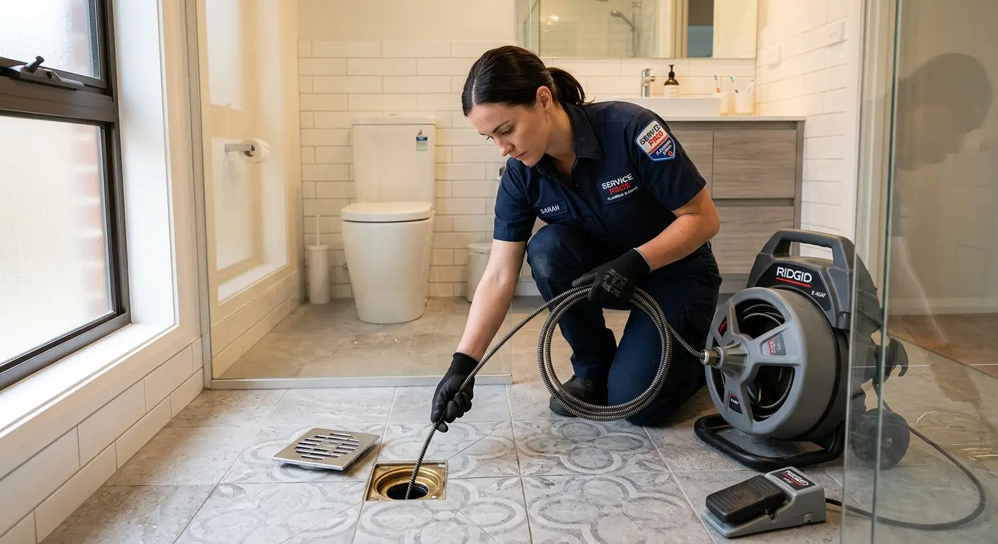 Technician clearing a bathroom floor drain for Drain Cleaning in D'Iberville